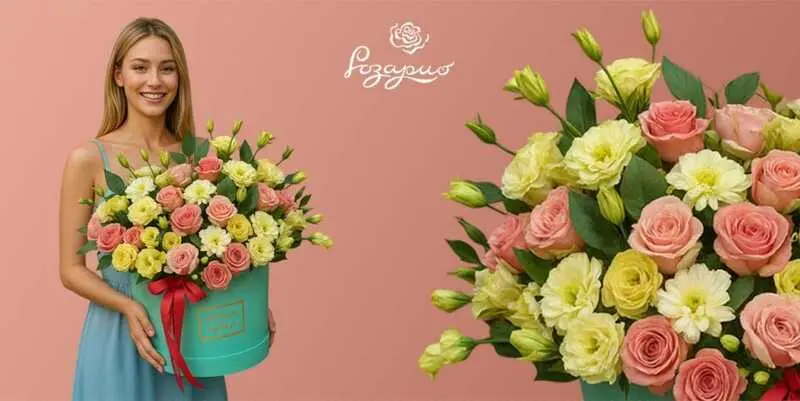 Большой букет цветов в коробке, фронтальный вид в руках у девушки